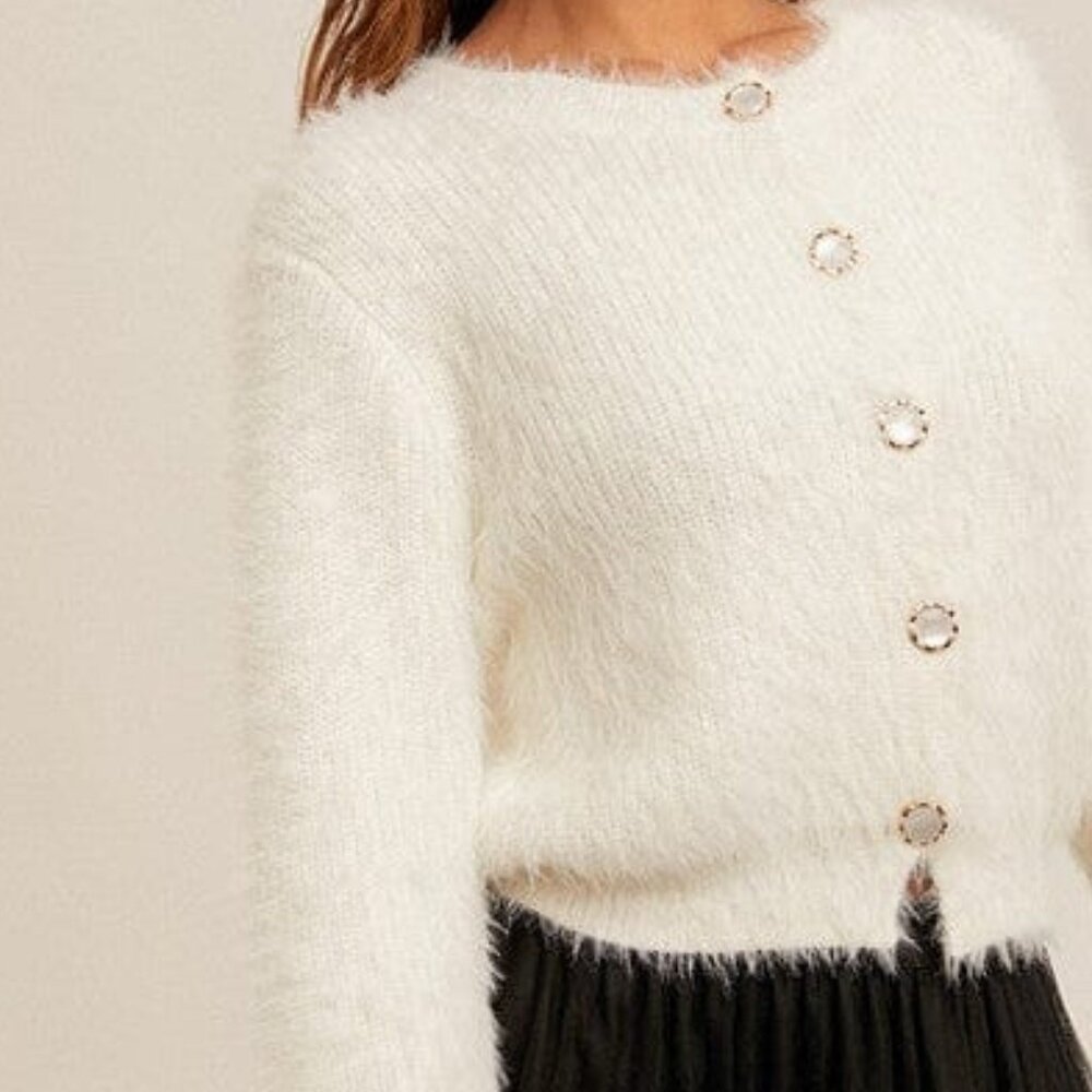 Cream Eyelash Yarn Button Down Crop Cardigan NWT - Picture 3 of 4